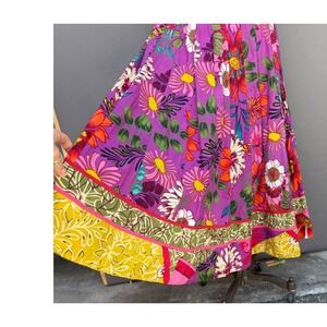 Julie G Floral Full Maxi Skirt Medium Purple Cotton Boho Tie Tropical Botanical